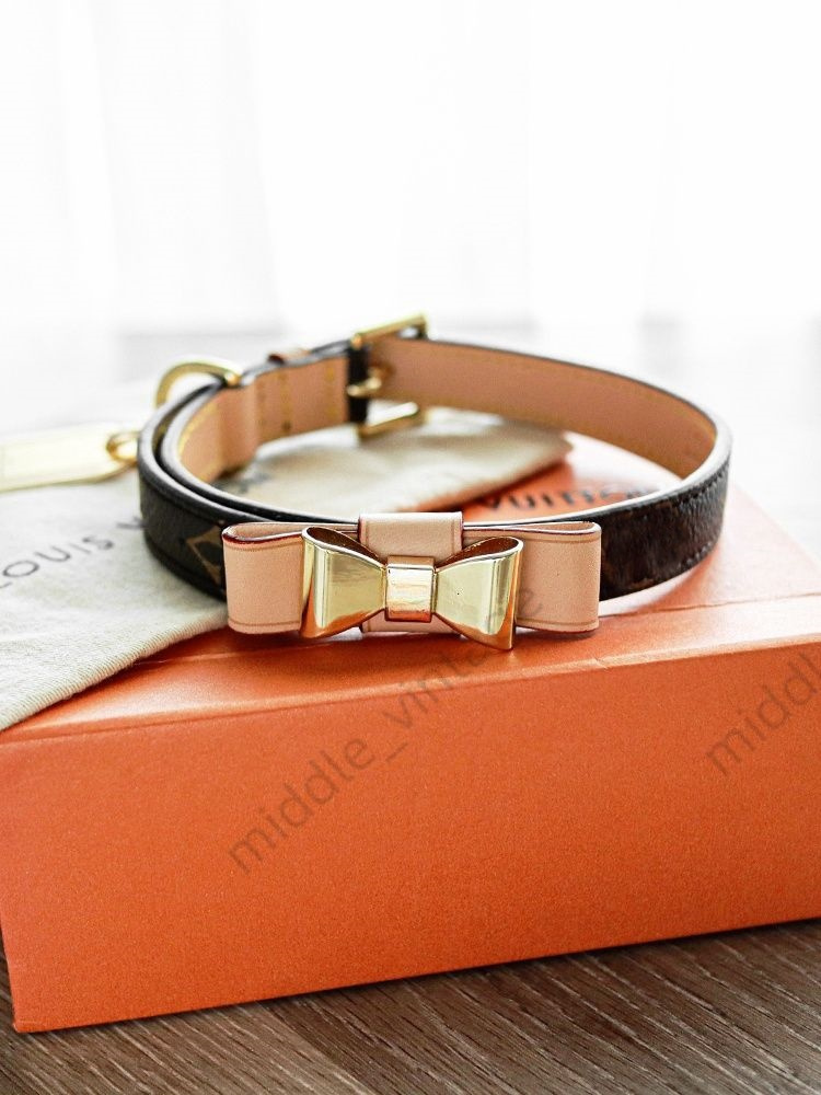 Designer Pet Bow Collar Leash Made Of Genuine Cow Leather - Perfectly Sized For Small To Medium Canines And Felines Comes With A Gift Box