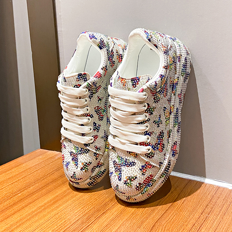 Women's Luxury Sports Shoes Hand drawn Butterfly Flat Shoes Lace up Water Diamond Fashion Designer Casual Shoes Zapatos Mujer Shiny outdoor walki