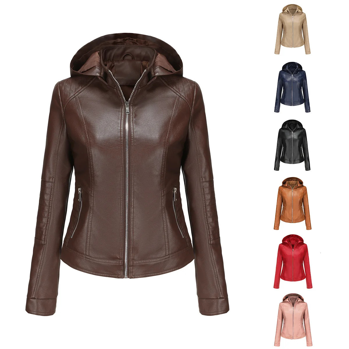 YJKDYK 2024 SpringSummer Womens Leather Jacket Solid Color Zipper Hoodie Detachable Hat Windproof 241209