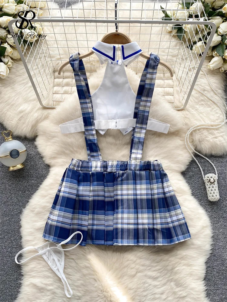 SINGREINY French Sexy JK Uniform Night Dress Hollow Out Tie Slim Nightwear Erotic Plaid Lingerie Women Pleated Pajamas Dresses 241209
