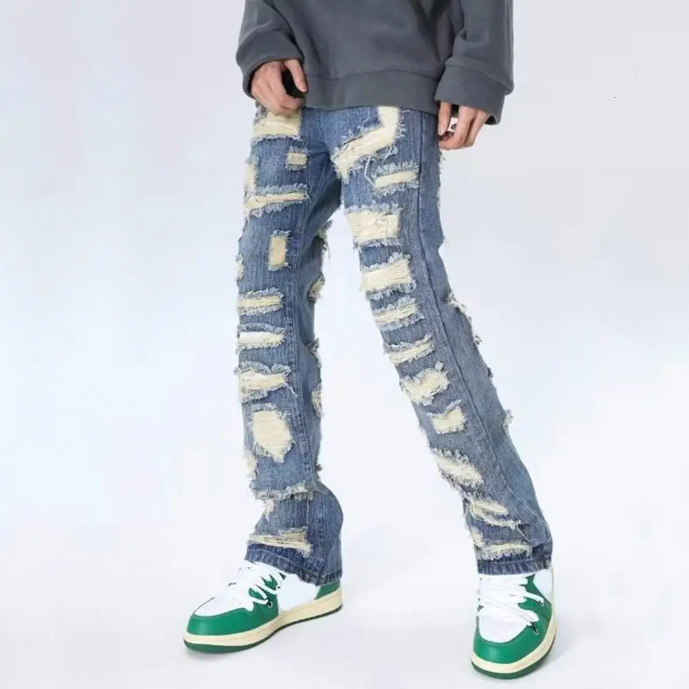 Street style jeans denim mens jeans retro Distressed mens denim jeans deep pockets high street style straight legs 241206