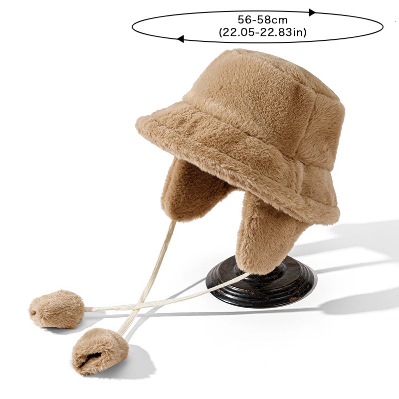 Winter warm bucket hat with ear cushions solid color thick plush ear cushions womens warm artificial fur ear cushions 241205