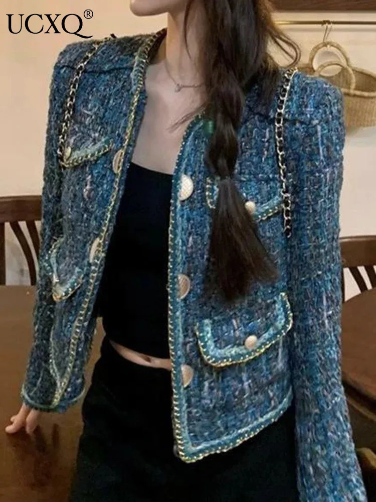 UCXQ Fashion Short Jacket Korean Style O-neck Contrastive Color Checkered Womens Coarse Floral Elegant Womens Jacket Spring/Summer 2123 241206