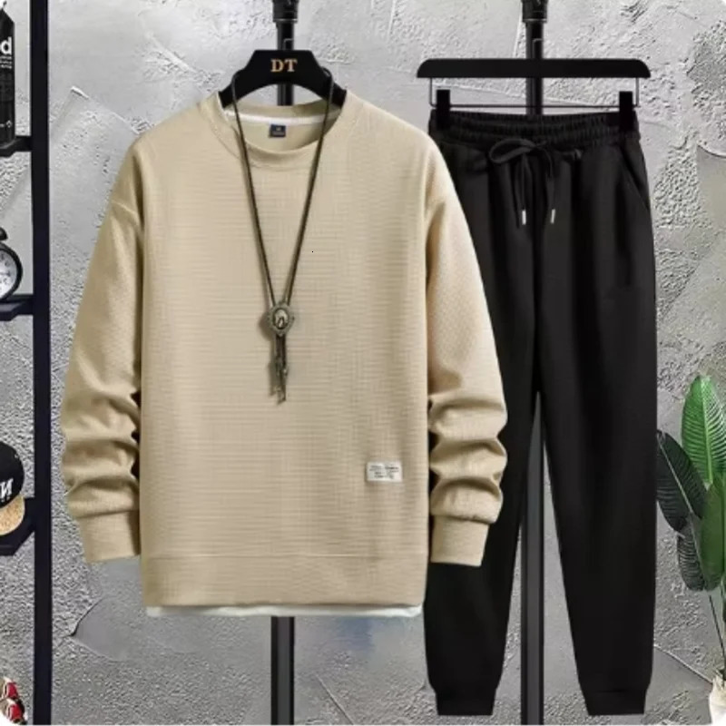 2024Autumn mens Waffle suit casual handsome sports long sleeved pants two-piece set fashion set 241209