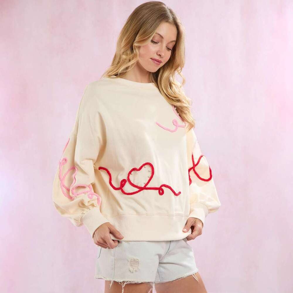 Autumn Winter European And American Clothing Valentine's Day Heart-Shaped Embroidery Pearl Decoration Top Sweet Hoodie Women's Fashion Quali