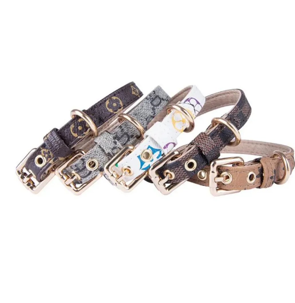 DHL 5 styles Adjustable PU Leather Pet Collars Fashion Letters Print Old wers Leashes for Cat Dog Necklace Durable Neck Decoration Accessory Pets Supp