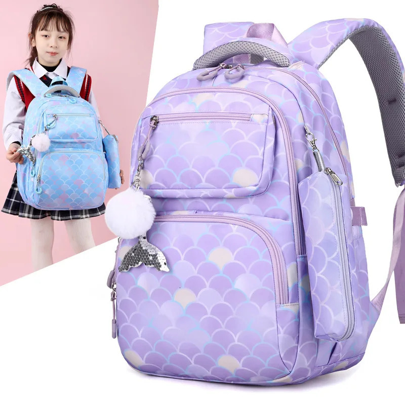 3 pieces/set of fish scale printed rens backpack with mermaid pendant waterproof school bag for girls rens backpack 241206