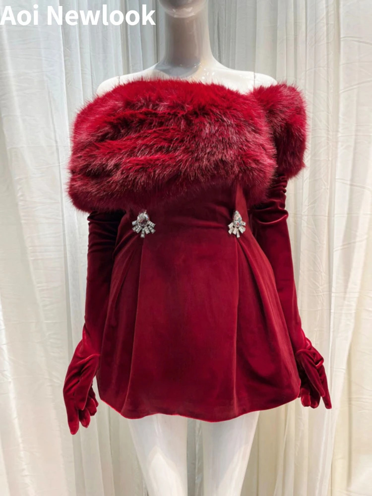 Years Party Red Velvet Dress for Women Autumn/Winter Diamond Shoulders Detachable Fur Collar Christmas Date Dress 241206