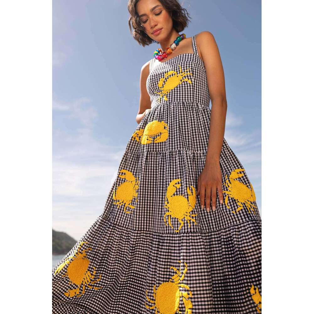 New Embroidered Pleated Camisole For Women's Wear, Beach Vacation Long Dress