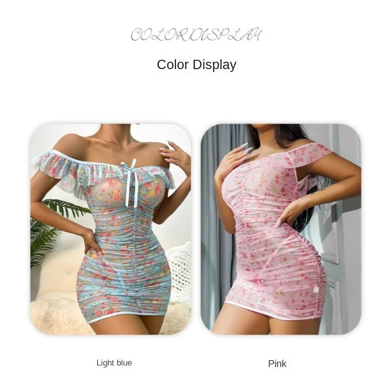 Perspective Sexy Flower Underwear Mesh Printed Folding Temptation Pajama and Nightwear Cover Pajama Sets Lingerie Sexy Women 241209