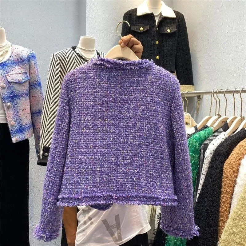 Small perfume tweed jacket Womens spring and autumn elegant cut O collar coat Purple casual tweed wool coat Womens top 241206