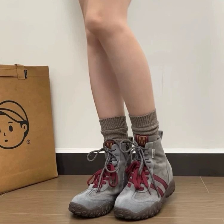 Women hot Boots:Fashion Design Cowhide Matte Leather Thick Sole High-top Training Plush Versatile Comfort,Brown/Grey,Free shipping