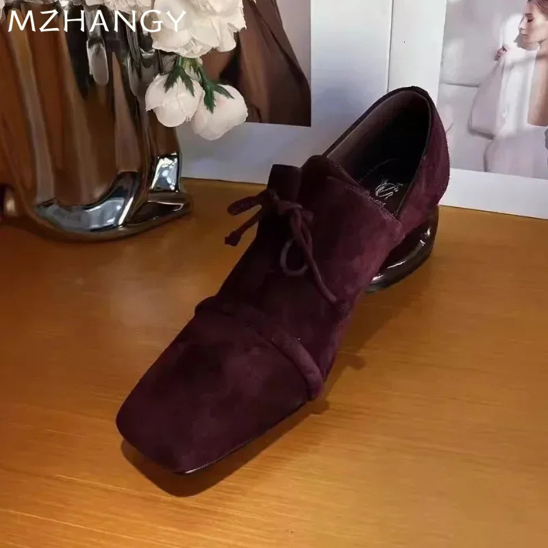 Suede Square Toe Mid Heels Shoes Women Desigenr Chunky Loafers Shoes Trend Fashion Elegant Pumps Dress Mujer De Zapatillas 241209