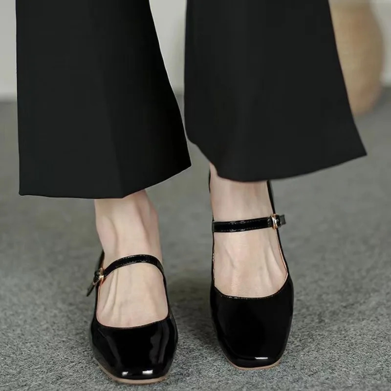 Women Chunky Heel Shoes Spring Pu Leather Buckle Strap Mid Heels Women Mary Jane Shoes Dress Office Shallow Ladies Shoes 241209