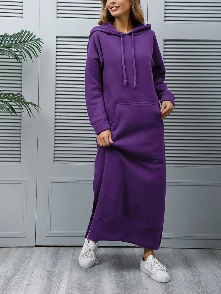 Autumn Winter Womens Loose Large Knitted Hooded Long Skirt With Velvet Hoodie Casual Fashion Dress Large Pocket Skirt 241209