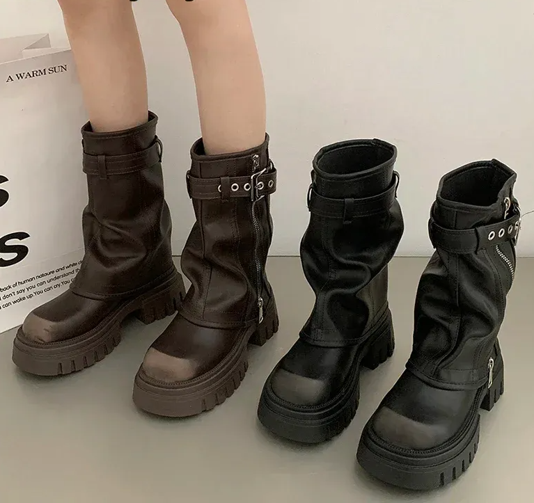 2025 New Autumn Winter Heel Platform Mid Calf Women Fashion Ladies Side Zippers Knight Boots Women's Thick Bottom Shoes