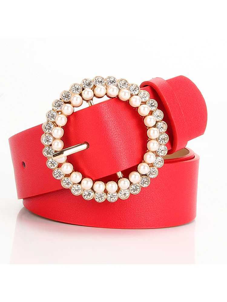 Summer jeans dress round pin buckle webbing casual womens leather PU pearl diamond decorative belt fashionable wide belt X241209