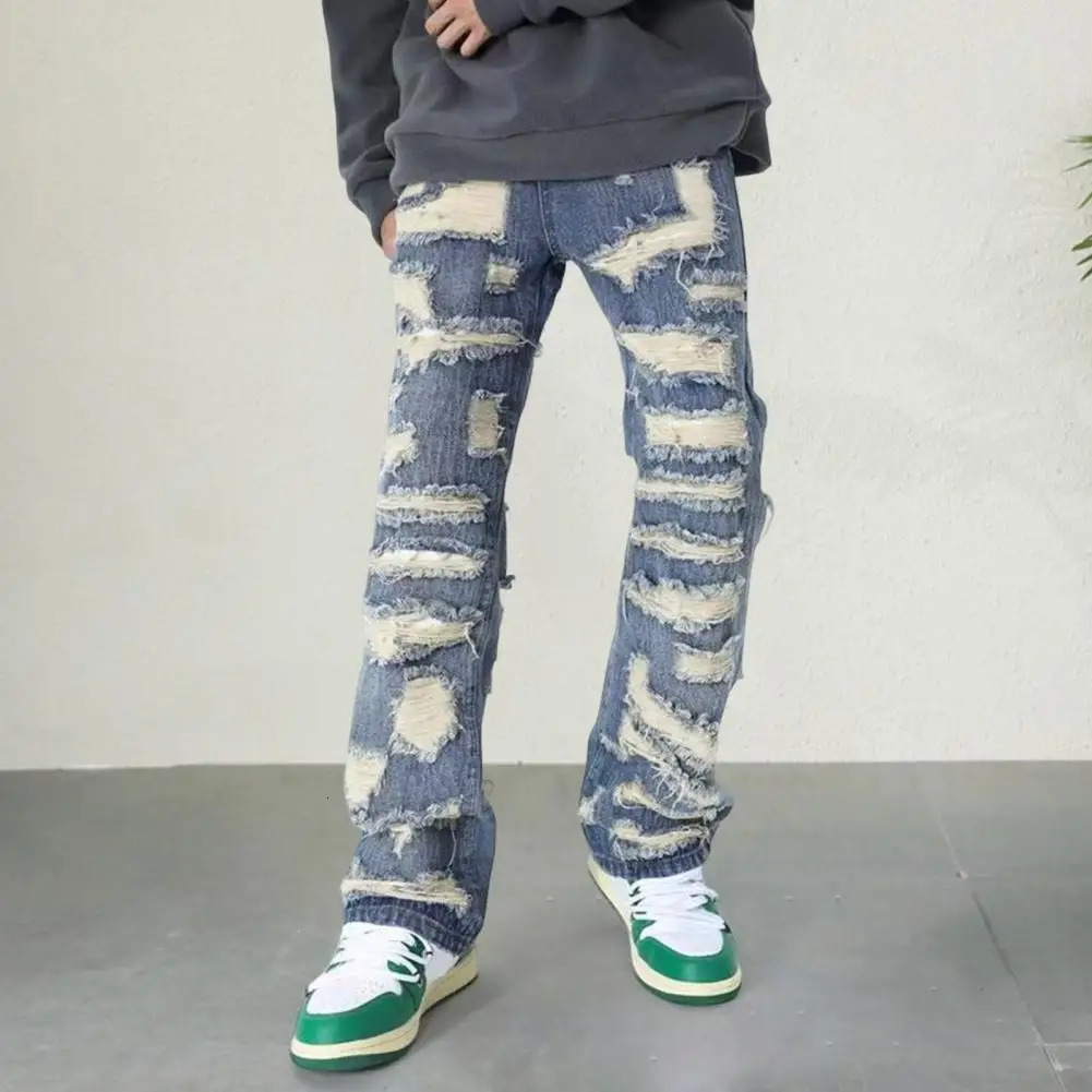 Street style jeans denim mens jeans retro Distressed mens denim jeans deep pockets high street style straight legs 241206