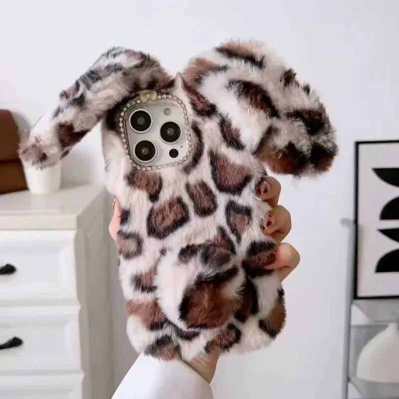 Hot Sale Warm Winter Leopard Printed Rabbit Plush Soft Case iPhone Case 16 15 14 13 12 11 Pro XR XS Max 7 8 Plus Soft Phone Y2K Cover T241209