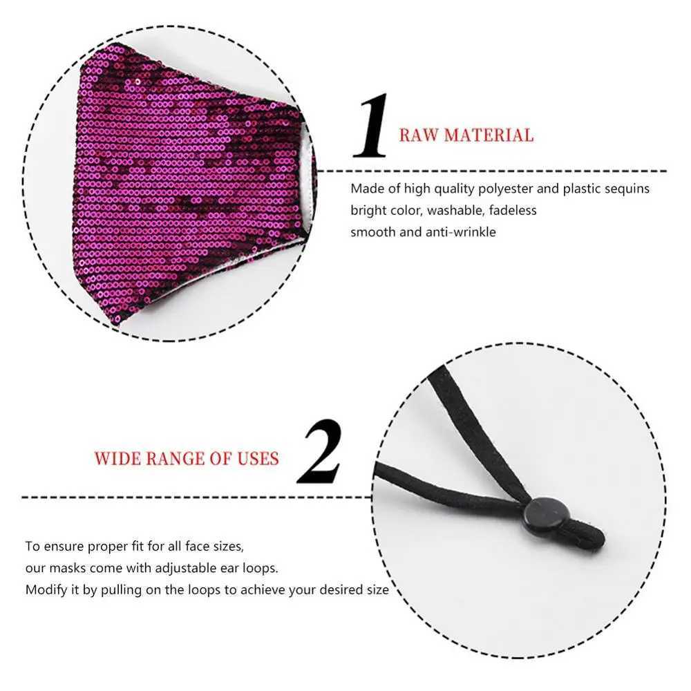 3pcsFashion Sequin Face Mask with 2 Filters Bling Breathable Washable Reuseable Anti Fog Dust Mask for Women Party Outdoor ActivityXJ241209