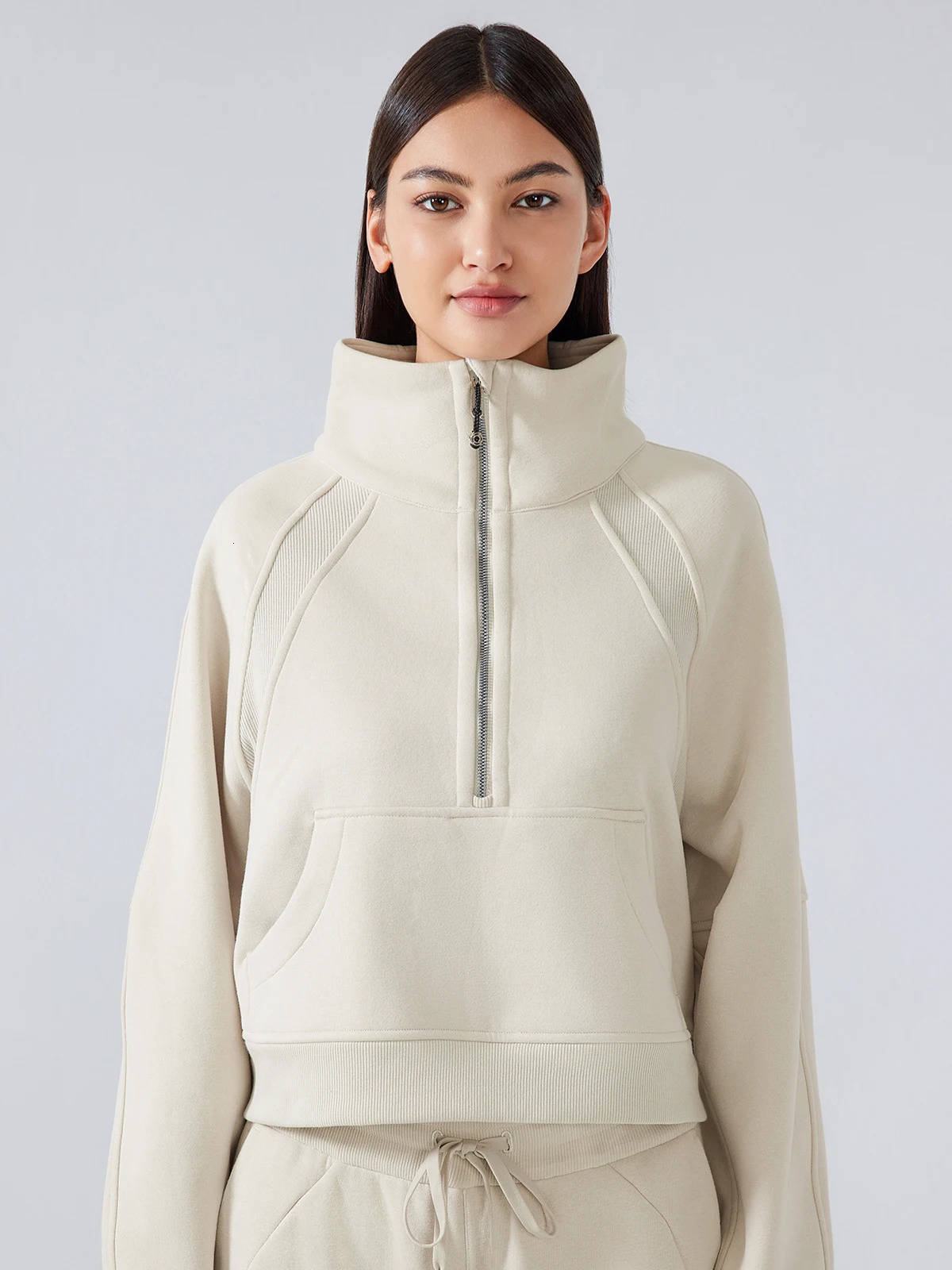 Womens 2-piece winter warm wool half zipper high neck zipper sweatshirt and loose straight leg pants suitable for gym and casual wear 241205