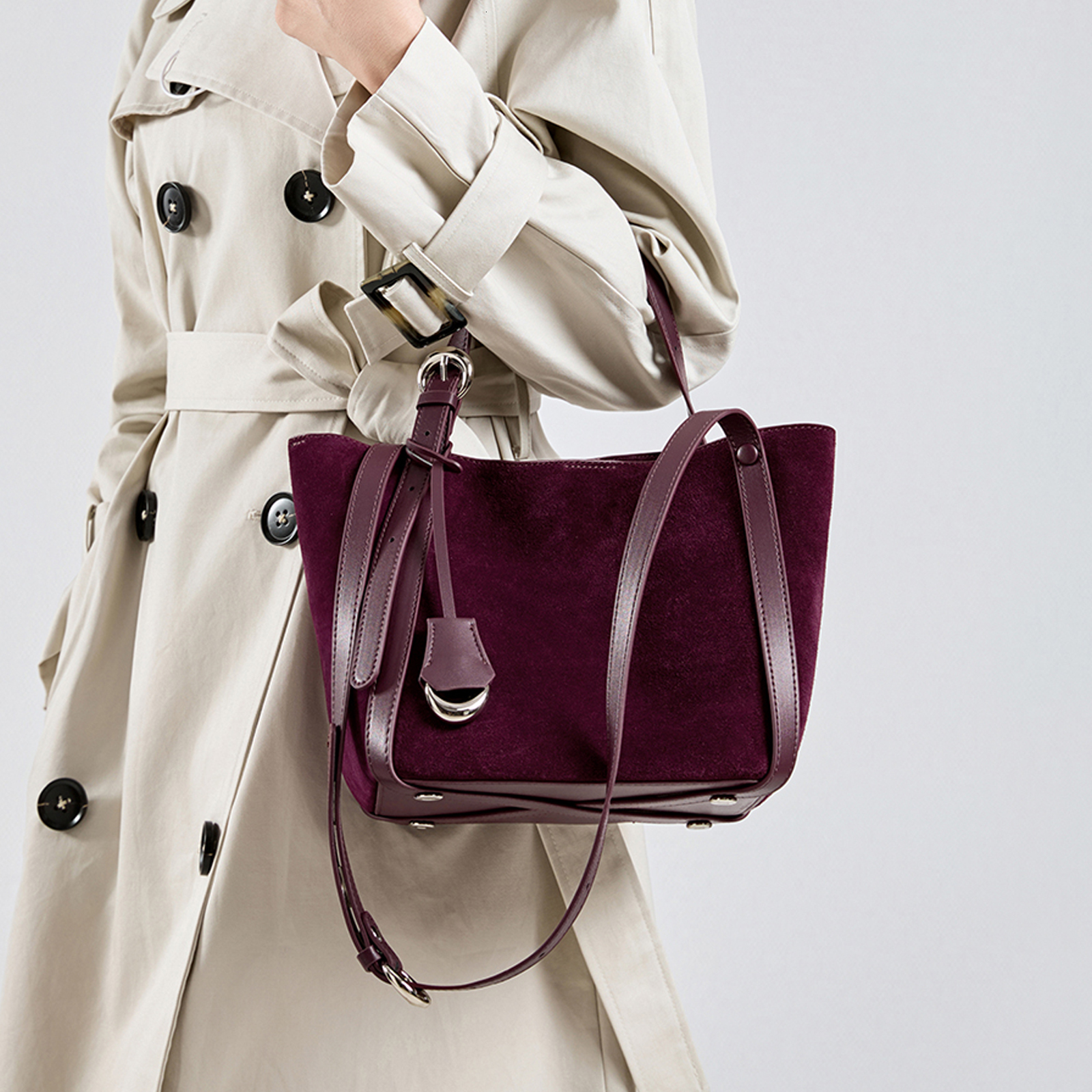 Leather Handbag Trendy Women Tote High Quality Basket Bucket Retro Matte Suede Shoulder Crossbody Bag