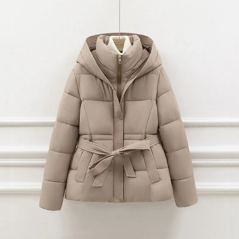 High end down jacket womens 2025 winter Parkas fashionable lace waist slim fit hooded cotton coat T665 241209