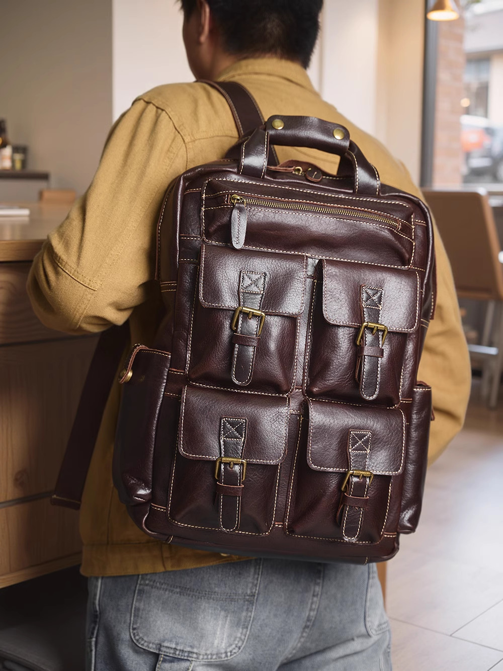 NUPUGOO Genuine Leather Men's Backpack Multi-Pocket Outdoor Travel Head Layer Cowhide Laptop Bag for 17-inch Laptops