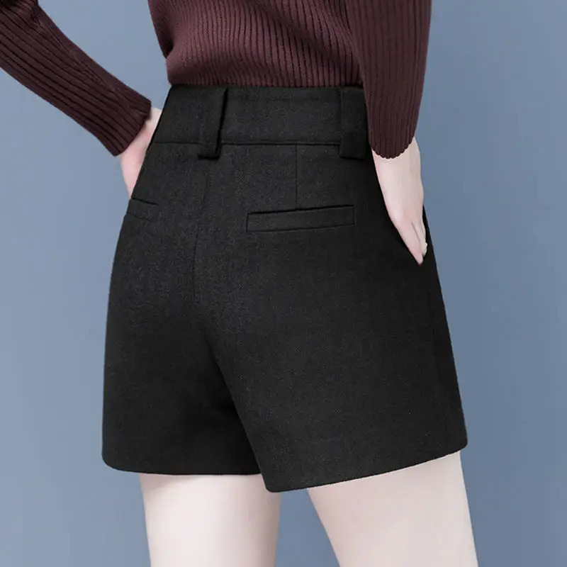 Womens Korean Fashion High Waist A-line Wide Leg Shorts Autumn and Winter Office Womens Retro Elegant Wool Thick Slim Shorts 241206