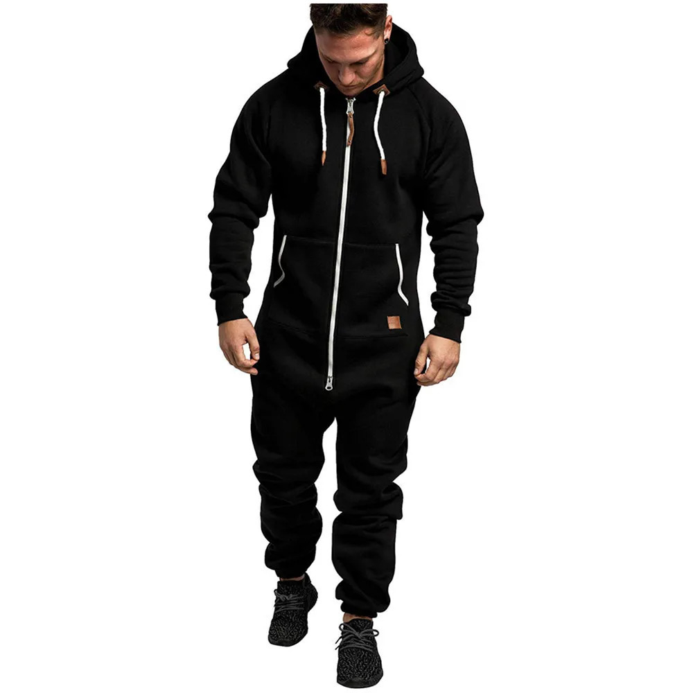 2024 Sports Men Warm Fleece Onesie Fluffy Lounge Adult One Piece Male Jumpsuits Hooded Onesies For Adult Running zip suit 241209
