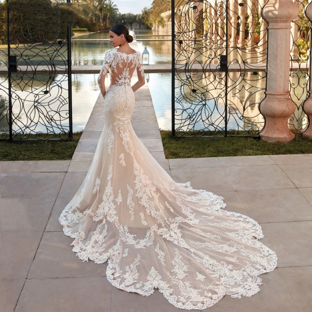Glitter Sequins Appliques Bride Robe Modest Long Sleeve Wedding Dress ful Mermaid Bridal Gown Customized Vestidos De Novia
