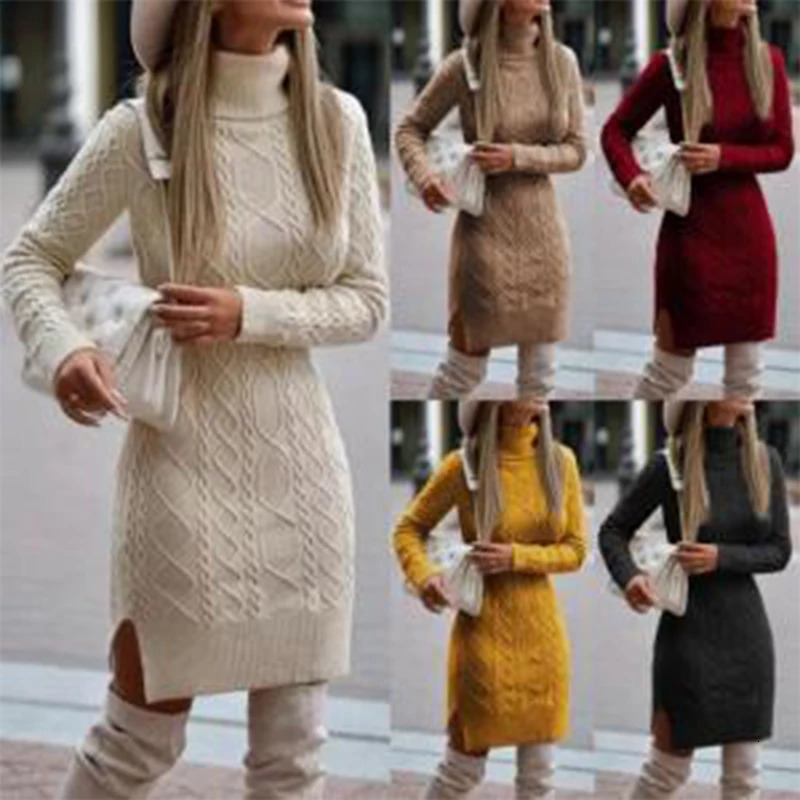 Warm Knitted Dress Womens High Collar Ultra Thin Solid Cotton Mini Dress Fashion Womens Basic Long Sleeve Winter Autumn Warm Dress 241206