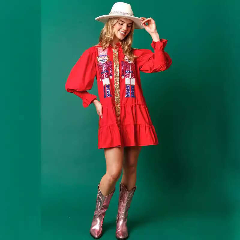 Autumn Winter New European And American Skirt Contrasting Long Sleeved Lapel Christmas Sequin Dress For Women B1