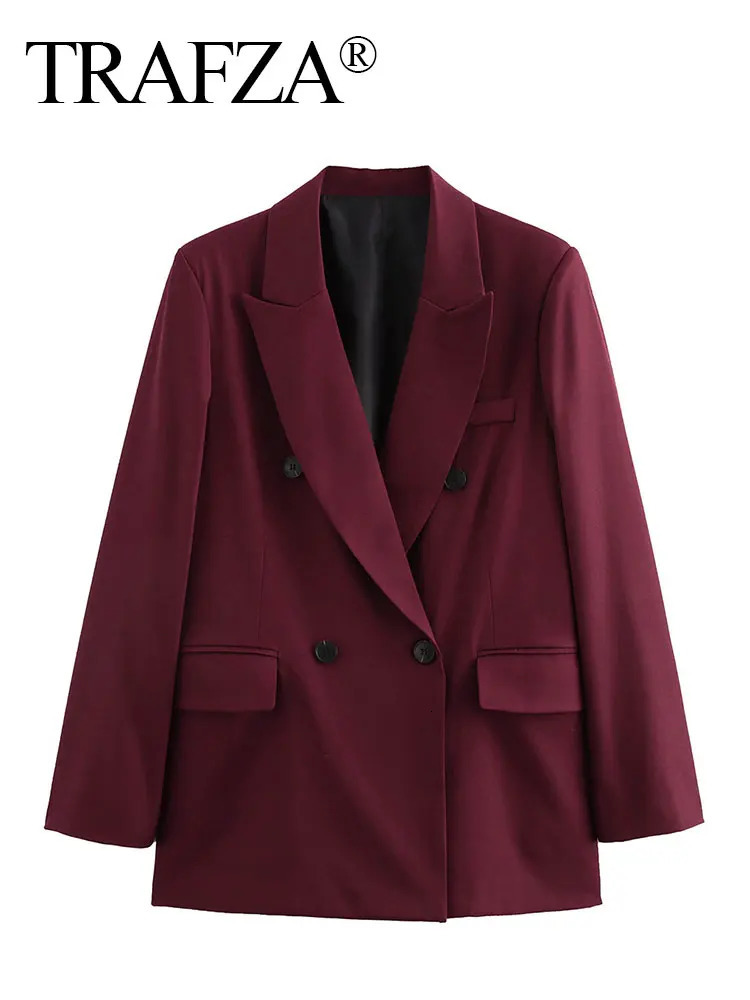 TRAFZA Vintage Woman Burgundy Red Blazer lapel Double Breasted Long Sleeve Suit Coat Womens 2024 Autumn Office Lady Outwear 241209