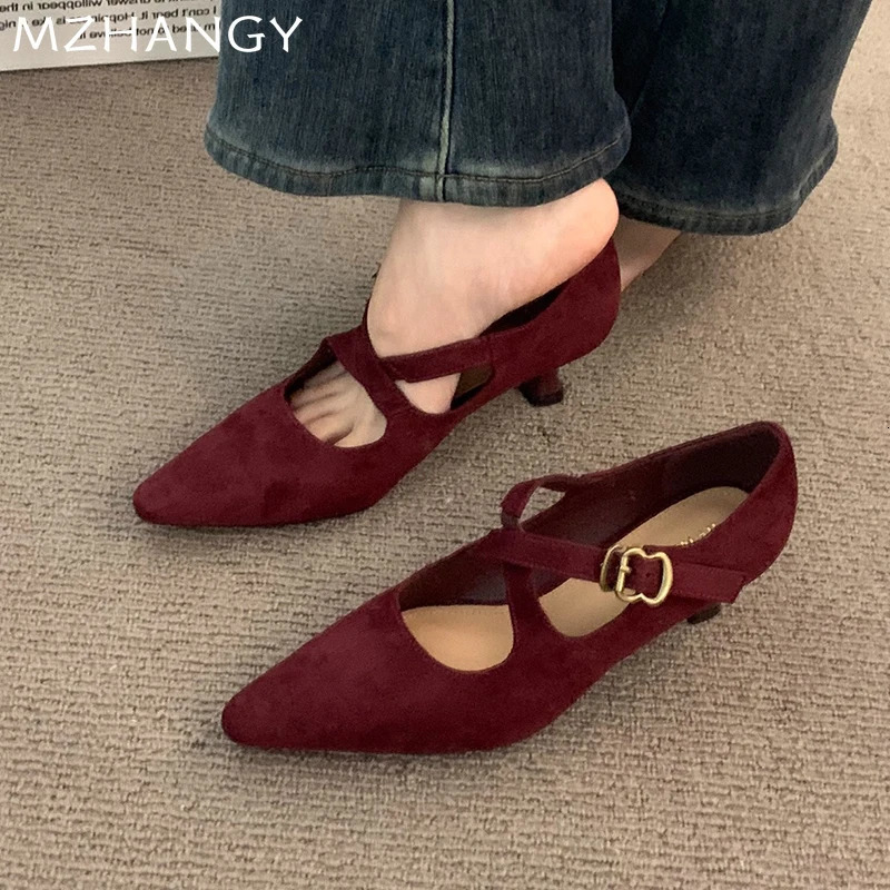 Pointed Toe Women Mid Heels Shoes Suede Shallow Sandals Woman Trend Elegant Party Pumps Shoes Dress Mujer Zapatillas 241209