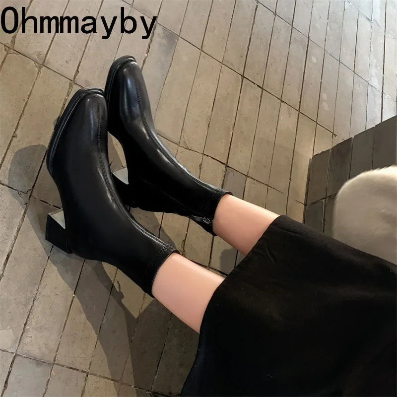 High quality soft PU leather womens ankle boots square toe square heel short boots autumn winter womens shoes Chelsea boots 241206