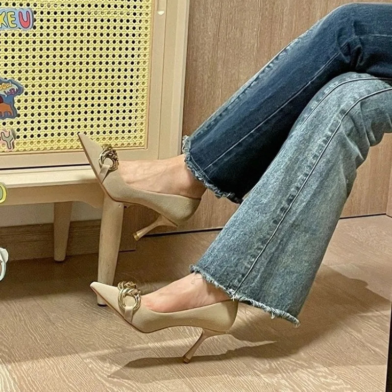 Womens High Heel Summer Korean Fashion Metal Chain Pointed Slim Heel Ladies Dress Shoes Zapatos De Mujer 241209
