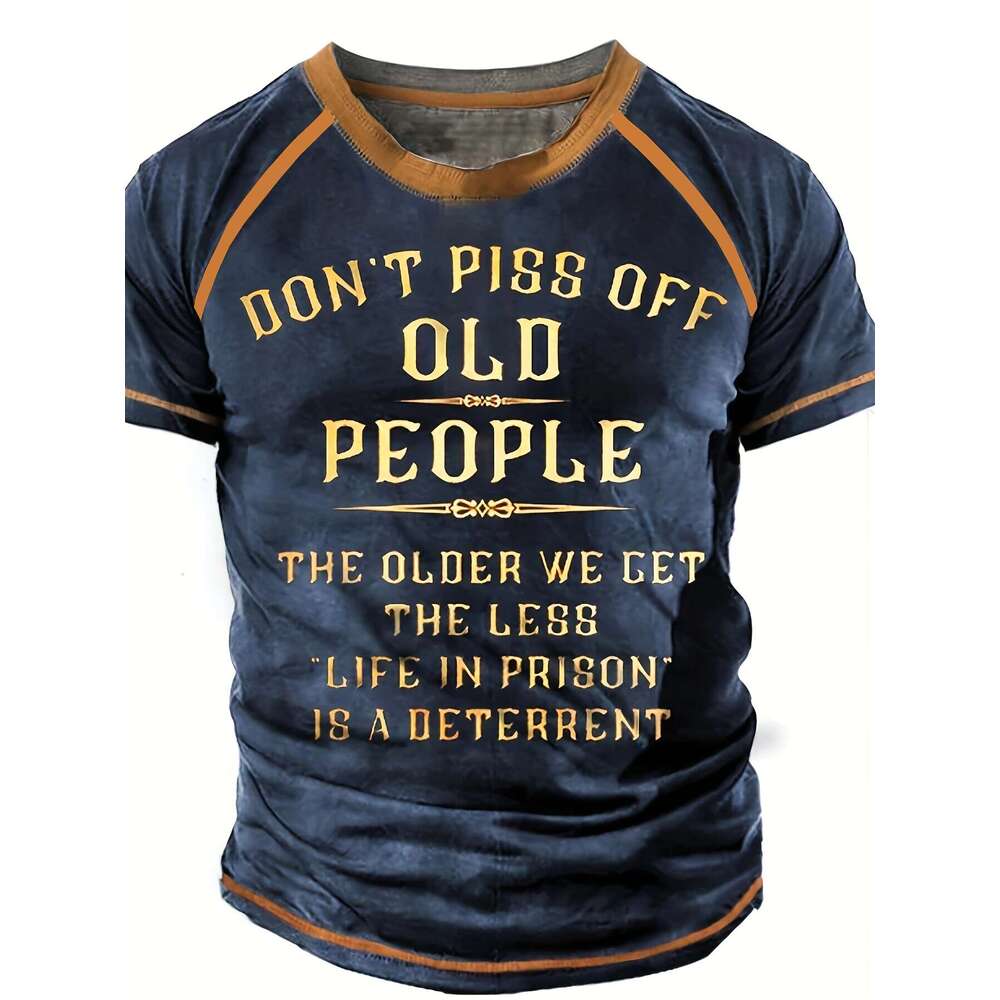 Men's graphic funny slogan T-shirt, letter round neck blue 3D street casual short sleeved printed clothing, basic fashion designer