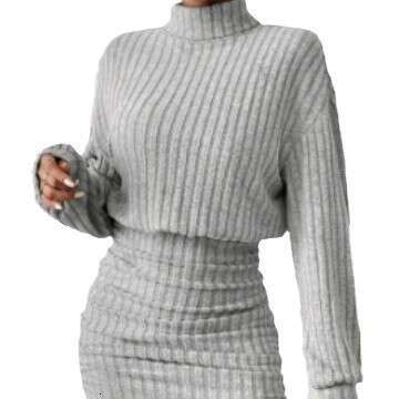 Women's 2024 autumn/winter slim fit fashionable pit stripe high neck hip hugging long sleeved dress