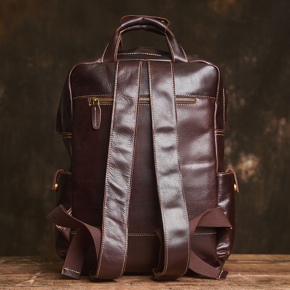 NUPUGOO Genuine Leather Men's Backpack Multi-Pocket Outdoor Travel Head Layer Cowhide Laptop Bag for 17-inch Laptops