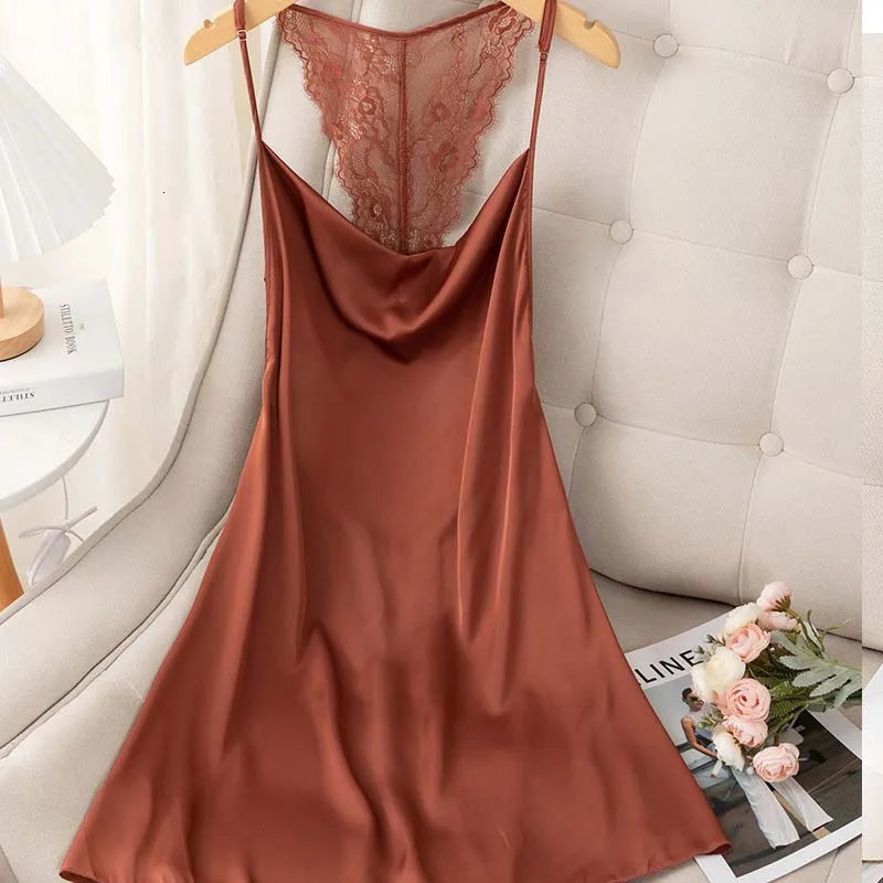 Suspender Nightgown Women Chemise Sleepwear Nightdress Sexy Lace Backless Nightwear Dressing Gown Satin Home Wear Loungewear 241209