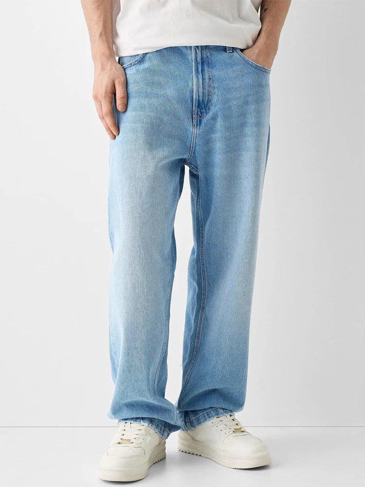 Straight jeans mens wide loose denim blue unisex streetwear casual pure pants hiphop bag 241206