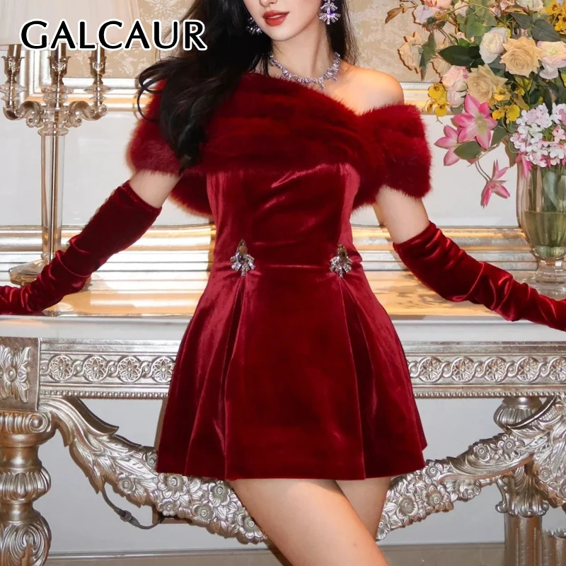 Galcaur Solid Splicing Fur Elegant Fashion Womens Slant Neck Shoulder High Waist Diamond Button Mini Dress Womens Style 241206