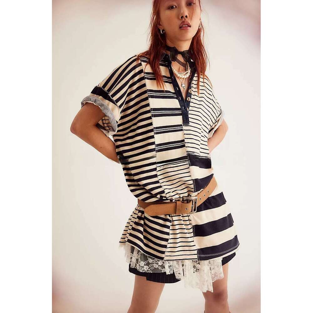 New European And American Women's Mid Sleeve Lapel Contrasting Striped Loose Casual Dress For Women B3