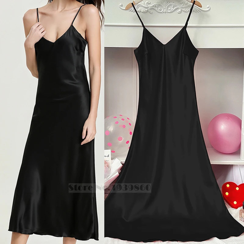 Summer Suspender Long Nightgown Female Chemise Sleepwear Sexy Nightdress Nightwear Loose Satin Home Dressing Gown Lounge Wear 241209