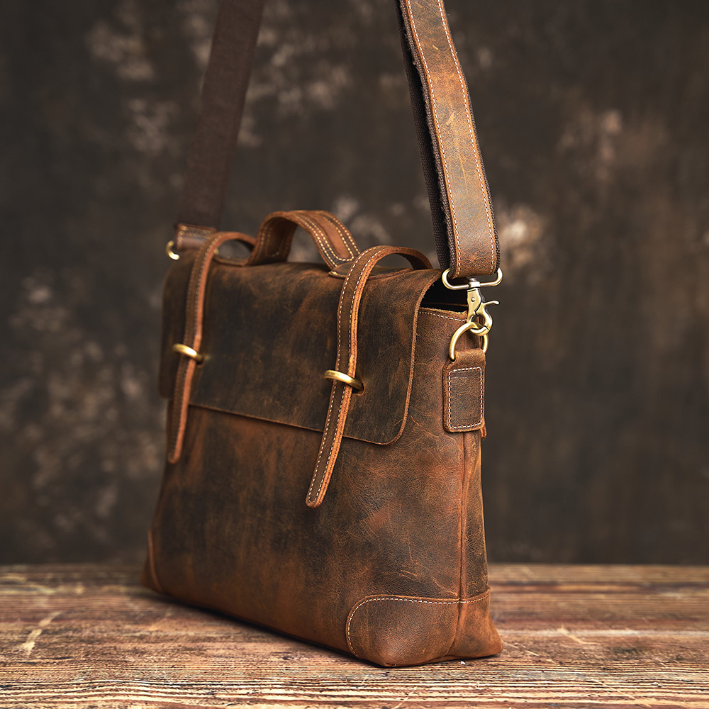NASVA Genuine Men's Briefcase Vintage Handbag Large Capacity Commuter Crazy Horse Leather Casual Laptop Bag