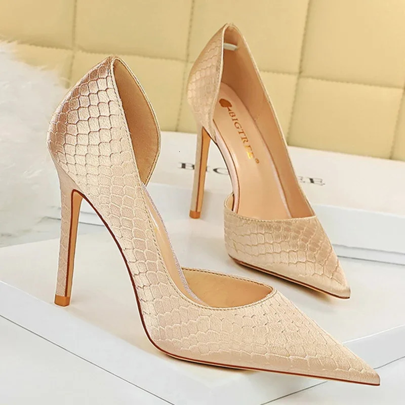 Women 7.5cm 10.5cm High Heels Fashion Pumps Lady Plus Size Satin Green Gold Silver Wedding Stiletto Low Heels Fetish Party Shoes 241209