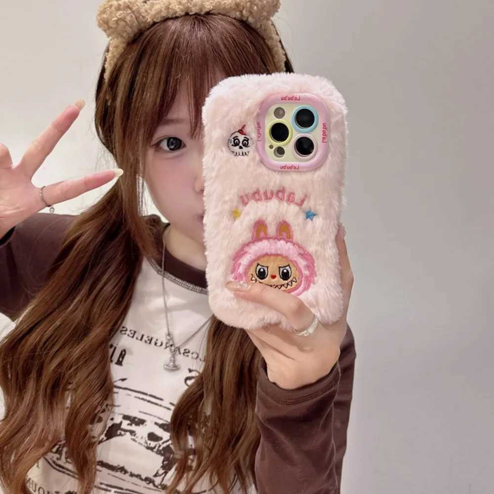 Hot Sale Suitable for iPhone 11 12 13 15 16 Pro Max plush embroidery 3D cartoon LaBuBu phone case Plus hole lens holder protective case T241209