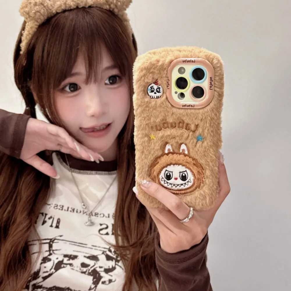 Hot Sale Suitable for iPhone 11 12 13 15 16 Pro Max plush embroidery 3D cartoon LaBuBu phone case Plus hole lens holder protective case T241209