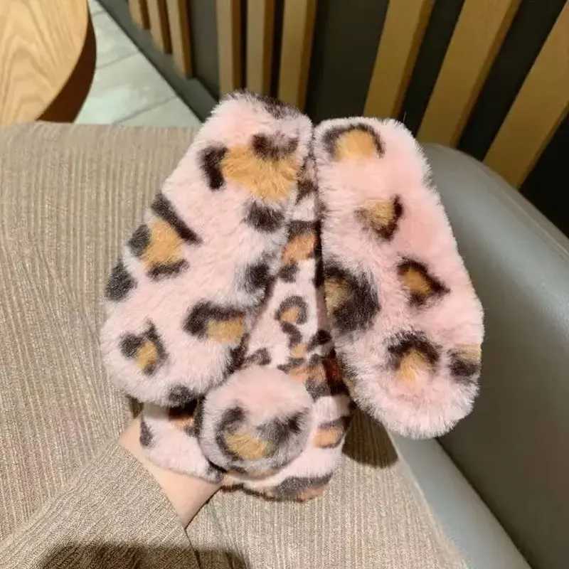 Hot Sale Warm Winter Leopard Printed Rabbit Plush Soft Case iPhone Case 16 15 14 13 12 11 Pro XR XS Max 7 8 Plus Soft Phone Y2K Cover T241209
